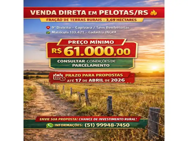 PELOTAS/RS - Fração de Terras com 3,69 hectares - situada no lugar denominado Capivara, no atual 9º Distrito.